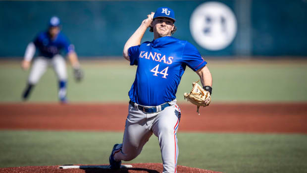 Sam Ireland pitches during game 2 of the Kansas Jayhawks' series against the Belmont Bruins.